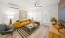 a living room with a yellow couch and a table